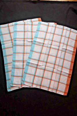 LOT 3 ANCIENS TORCHONS turquoise orange TOILE METIS  NEUF jamais utilisés FRANCE - Photo 1/4
