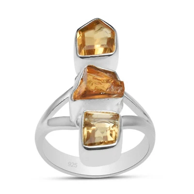 Natural Citrine Three Stone Split Shank Long Finger Ring Pleasant For Women - Image 1 of 4