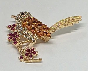 Golden Colored Songbird Sparkling Rhinestones Brooch Pinback Lapel Pin - Picture 1 of 2