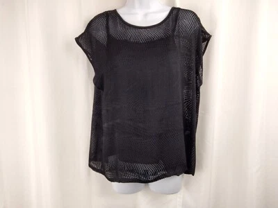 Eileen Fisher Satin Burnout Top Cap Sleeve 100% Silk Lined Black Size Medium - Image 1 of 4