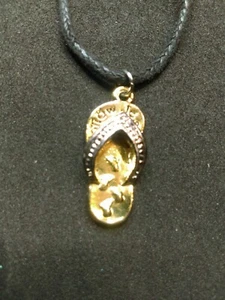 Gold Tone Flip-flop "Follow Jesus" Footprints Engraved Black Cord Necklace - Picture 1 of 7