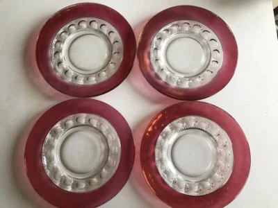 4 Vintage Indiana Glass Thumbprint Ruby Flash Clear Red Salad Plates 8.5 inch - Image 1 of 4