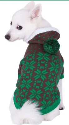 Blueberry Pet Green/Gray/Brown Hooded Sherpa accent hooded pom pom Sweater - Image 1 of 4