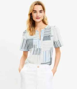 NEW Striped Patchwork Tie Neck Top blouse size small blue white shirt - Picture 1 of 20
