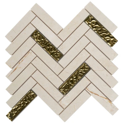 MODKET Beige Cream Crema Marfil Marble Glass Mosaic Tile Herringbone Wall Backsplash