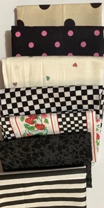 Lot of 7 Fabric Scraps Polka Dot Checkered Stripe Black Lot #51 - Picture 1 of 8