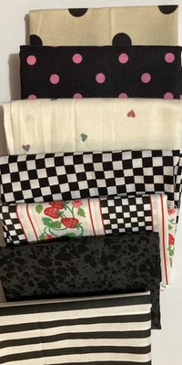 Lot of 7 Fabric Scraps Polka Dot Checkered Stripe Black Lot #51 - Image 1 of 4