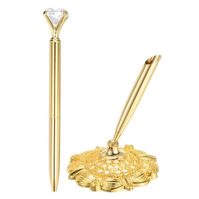 1 Pcs Hollow Round Pen Holder Signing Pen Set Big Crystal Diamond, Gold Tone - Image 1 of 4