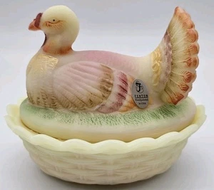 Fenton Burmese Glass Turkey on Nest Covered Candy Dish Signed ~ Rare HTF ~ QVC - Picture 1 of 11