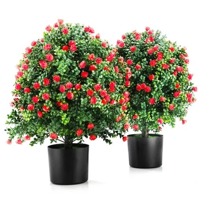2 Pack 21.6" Tall Artificial Rose Topiary Ball Tree Planter Bushes Look Real - Image 1 of 4
