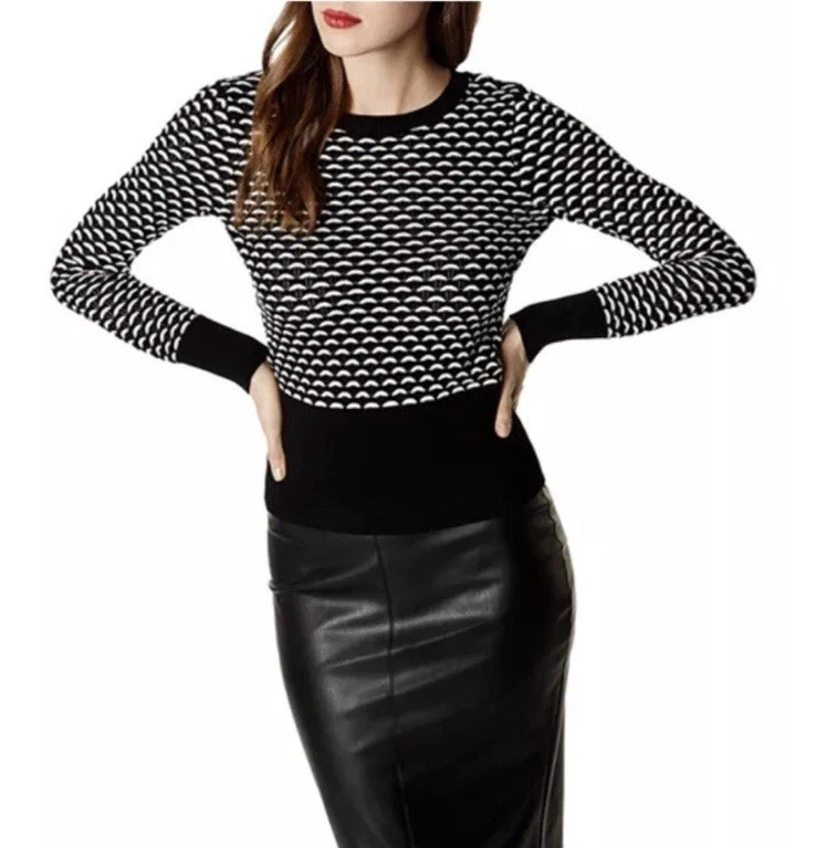 Karen Millen Monochrome Modern Knit Sweater Open Back Blue Bow Ties Sz M - Image 1 of 4