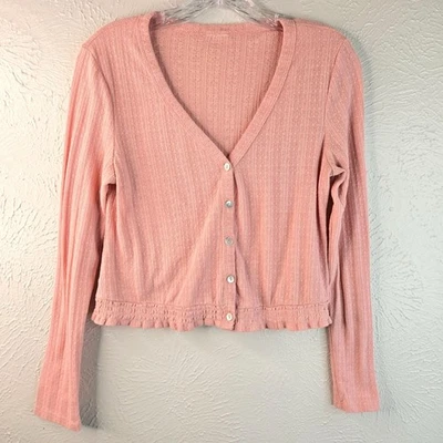 Cárdigan Rosa Abotonado Pequeño Rosa Corto Cuello VNeeck Volantes Acanalado Manga Larga Foto 1 de 4
