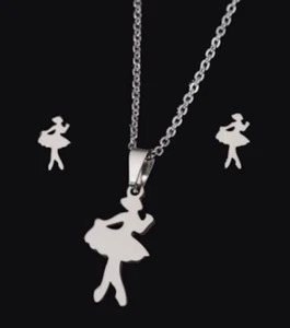 BALLERINA SILBER KETTE OHRRINGE KINDER HALSKETTE TÄNZERIN MÄDCHEN OHRSTECKER SET - Picture 1 of 3
