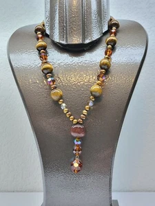 ARTISAN SEMIPRECIOUS STONE GOLDEN PEARL CRYSTAL DROP NECKLACE 18" - Picture 1 of 12