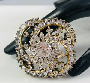 Antique Sterling Silver & Gold Wash Open Back Paste Rhinestones Swirl Pin Brooch - Picture 1 of 6