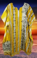 Women Vintage Silk Midi Kaftan Dress, Yellow Printed Handmade Lounge Wear L-4XL
