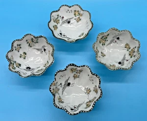 Antique Moriage Porcelain Hand Painted + Beaded Salt/Soy Cups Footed Japanese - Picture 1 of 7