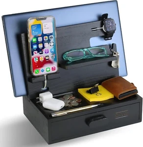 Wood Phone Docking Station for Men and Women with Drawer, Stylish Nightstand Org - Photo 1 sur 7