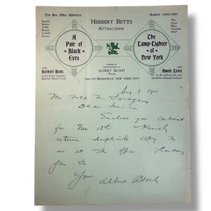 1900 Albert Bloch Manager Herbert Betts' Attractions Signed Performance Letter - Picture 1 of 2
