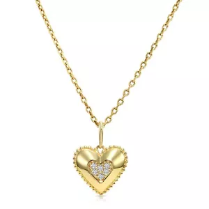 14K Echt Massiv Gold 0,15 Ctw Diamant Pavé Herz Anhänger Charm Halskette 18 Zoll - Bild 1 von 16