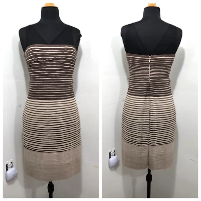 BCBGMAXAZRIA Christi Dress Size 8 Brown Striped Sheath Bodycon Knee Length Silk - Image 1 of 4