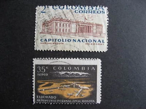 Colombia 2 used stamps each with a print shift error, mixed condition, see pics - Picture 1 of 2