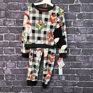 Rudolph Small 6/6x Reindeer Santa Pajamas & Fluffy Socks PJ Set Check Pattern - Picture 1 of 12