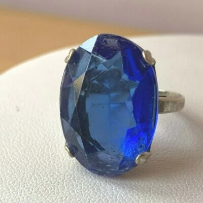 925 SILVER VINTAGE SAPPHIRE COBALT BLUE COLOR GLASS RING - Image 1 of 4
