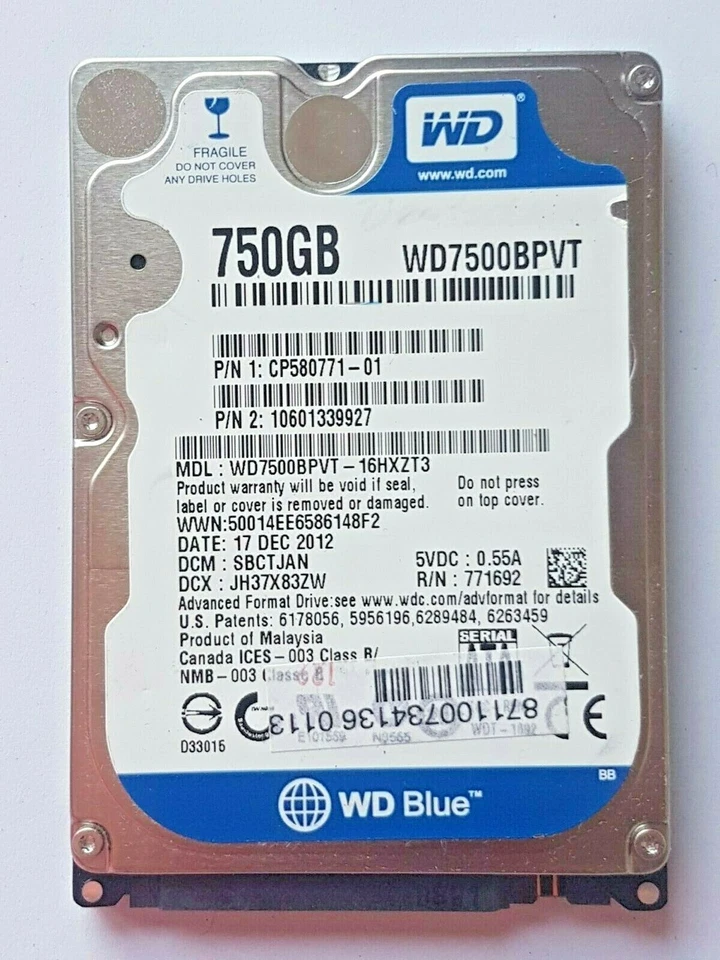 750 GB SATA Western Digital WD7500BPVT-16HXZT3 5400rpm 8MB 2.5 Internal Hard - Image 1 of 1