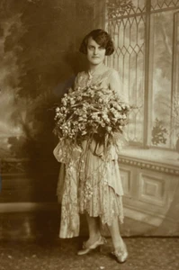 Woman In Dress Holding Flower Bouquet In Studio Shot B&W Photograph 4 x 6 - Picture 1 of 3