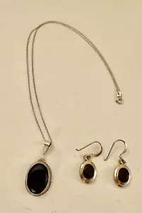 Sterling Silver Oval Black Onyx Pendant Necklace & 925 SS Earrings Set - Picture 1 of 11