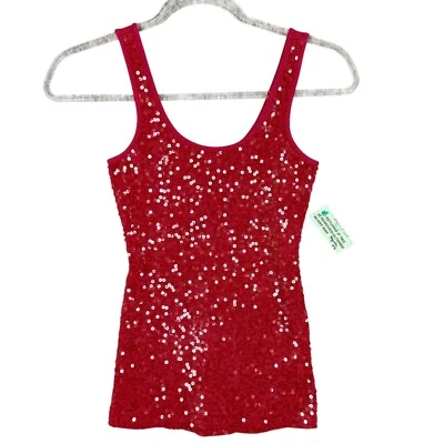 Camiseta sin mangas de lentejuelas rojas Y2K Express de los 90’s tejido acanalado caprichoso para mujer talla XS camiseta de fiesta Foto 1 de 4