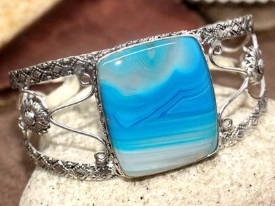 Brazalete enchapado en plata 925 ágata azul Botsuana 6,5" joyería estética GW Foto 1 de 3