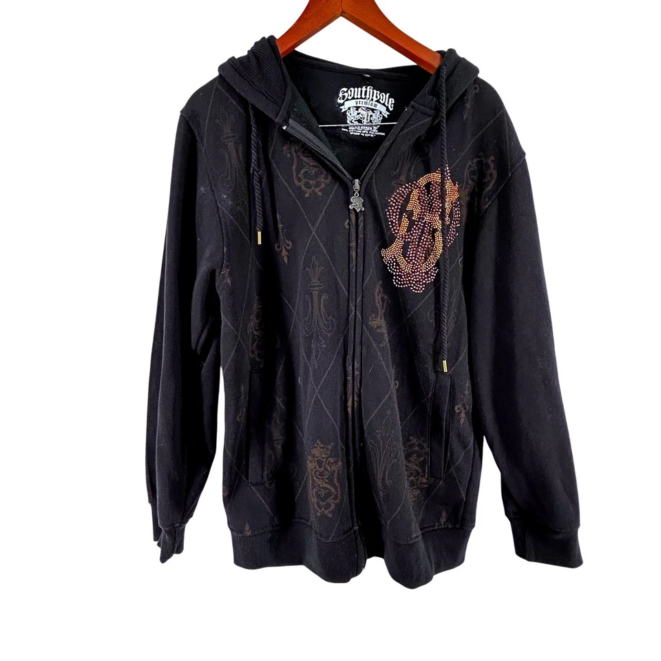 Толстовка с капюшоном мужская Southpole премиум-класса размер M черная на молнии украшенная логотипом со стразами - Изображение 1 из 4