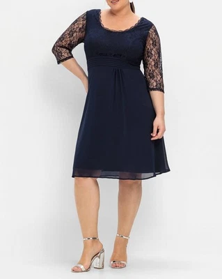 Sheego Damen Abendkleid 3/4-Arm Rundhals Wadenlang Spitze marine Gr. 52 NEU - Bild 1 von 4