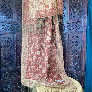 Mantón envolvente de cachemir Pashmina real bufanda cachemira floral otoño tonos tierra marrón - Imagen 1 de 14