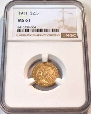 1911 $2.50 NGC MS 61 Gold Indian Quarter Eagle, Better Uncirculated 2 1/2 Type - Image 1 of 4