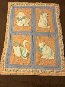 Vintage Baby Blanket Throw Sheep Rabbit Goose Cat 32” x 25” - Picture 1 of 6