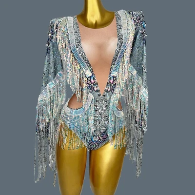 Nuevo Body Mujer Lujo Diamante Estrás Borla Lentejuelas Baile Cantante Escenario Foto 1 de 4