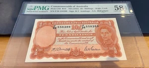 Australia 1942, 10 Shillings PMG Certified Banknote Choice AU58EPQ, Pick 25b R13 - Picture 1 of 2