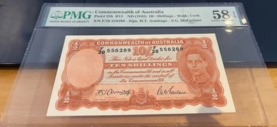 Australia 1942, 10 Shillings PMG Certified Banknote Choice AU58EPQ, Pick 25b R13 - Image 1 of 2