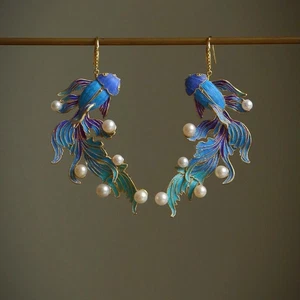 Ladies' Cloisonn É Gold-Plated Koi Earrings Hanfu Qipao Accessories Earring - Picture 1 of 5