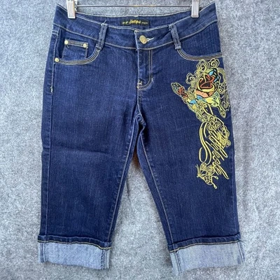 Pantalones Cortos de Jean Southpole Para Mujer 7 Azul Mariposa Bordado Puños Y2K Años 90 Elastizados Foto 1 de 4