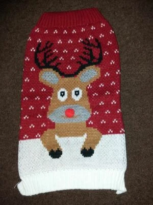 Hundepuli Winter Rückenlänge ca. 36cm NEU Hundepullover mit Renntier rote Nase - Bild 1 von 2