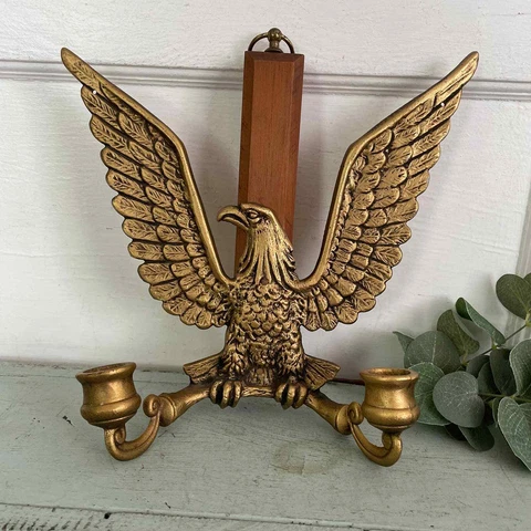 Vintage Eagle Wall Hanging MCM Metal Wood Resin Candlestick Sconce Patriotic Cover