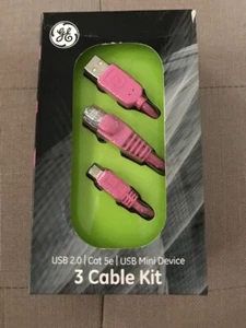 NEW GE 3 Cable Cord Set Kit Pink USB Cat 5E Mini USB Device - Picture 1 of 5
