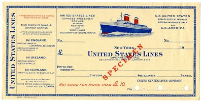 Travellers Check 1950's £10 United States Lines Ship SPECIMEN England Travelers - Image 1 of 2