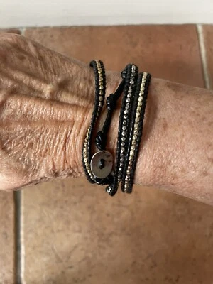 Pulsera Chan Luu Cuentas de Plata Esterlina 925 Cuero Negro Envoltura 34" Foto 1 de 4