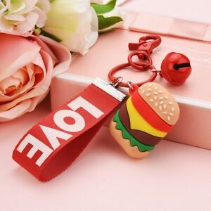 Hamburger Key Chain with Bell & LOVE Ribbon Key Ring Snacks Gifts Adults Kids