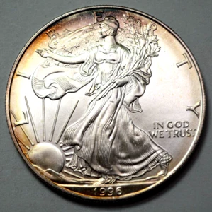 1996 American  1 Oz 999 Silver Eagle Dollar KEY DATE Nat. Golden Toning UNC Coin - Picture 1 of 3